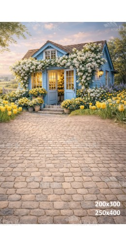 Tło fotograficzne „Niebieski domek wśród żółtych tulipanów” | E852